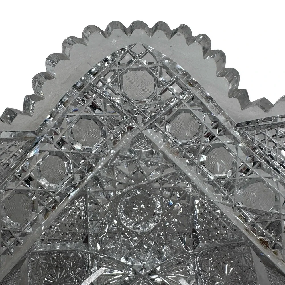 Antique American Brilliant Period Cut Glass Oval Bowl Hobstar Sawtooth 11